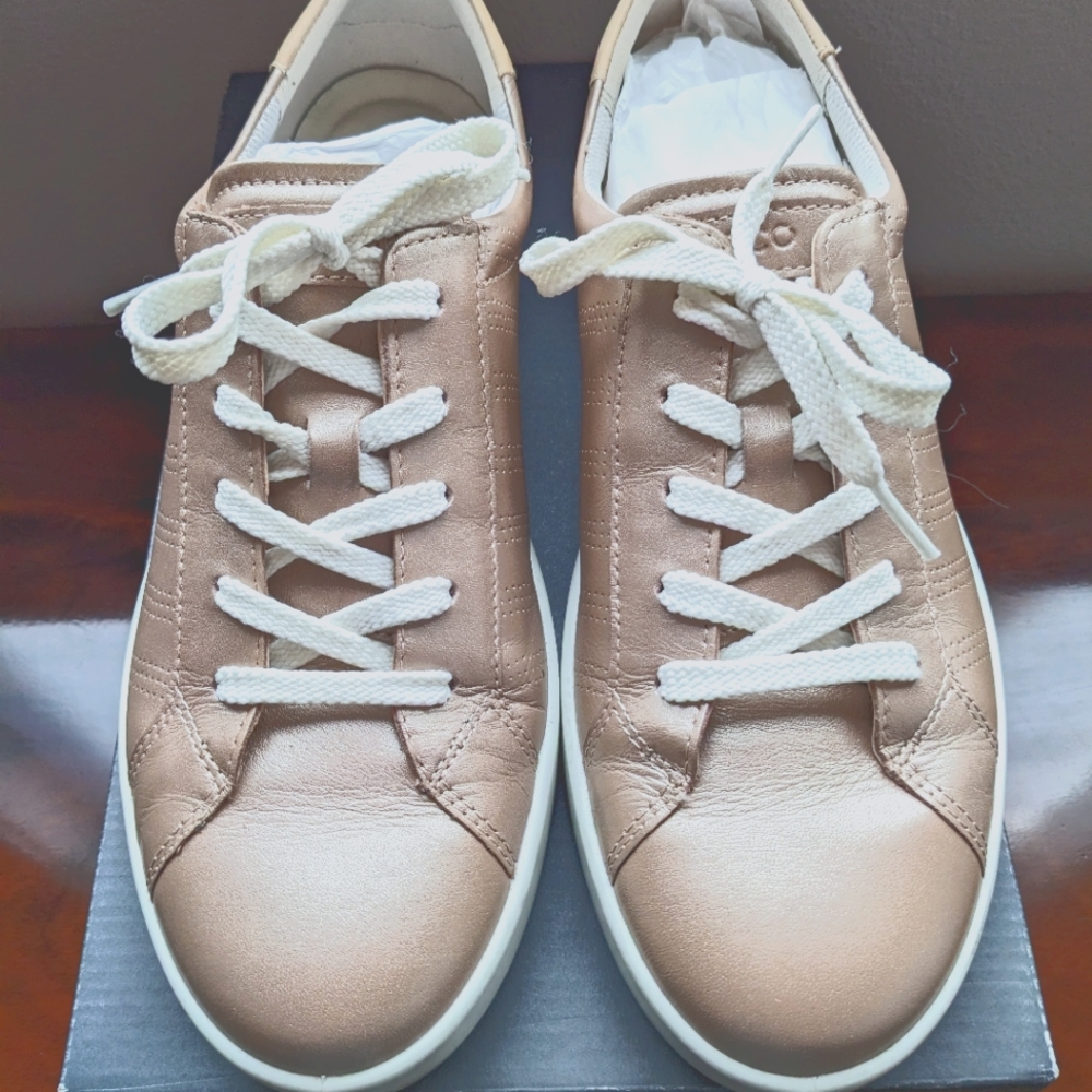 Ecco Women's Leisure Sport Tie Sneakers in Champagne Metallic/Powder